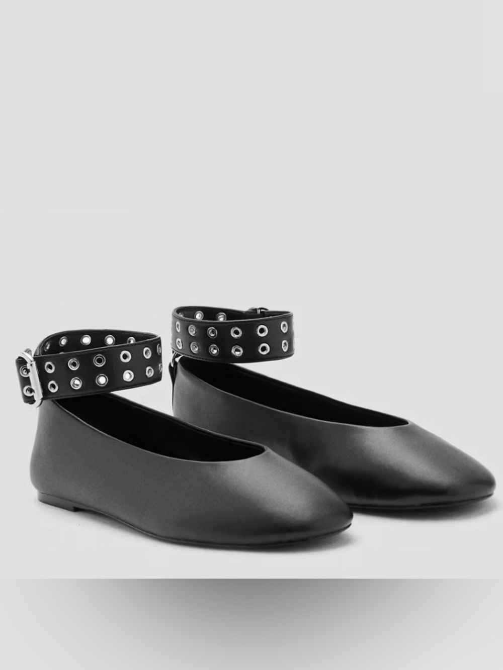 Mango MNG Black Studded Ankle-Strap Ballet Flats w/ Eyelet Strap